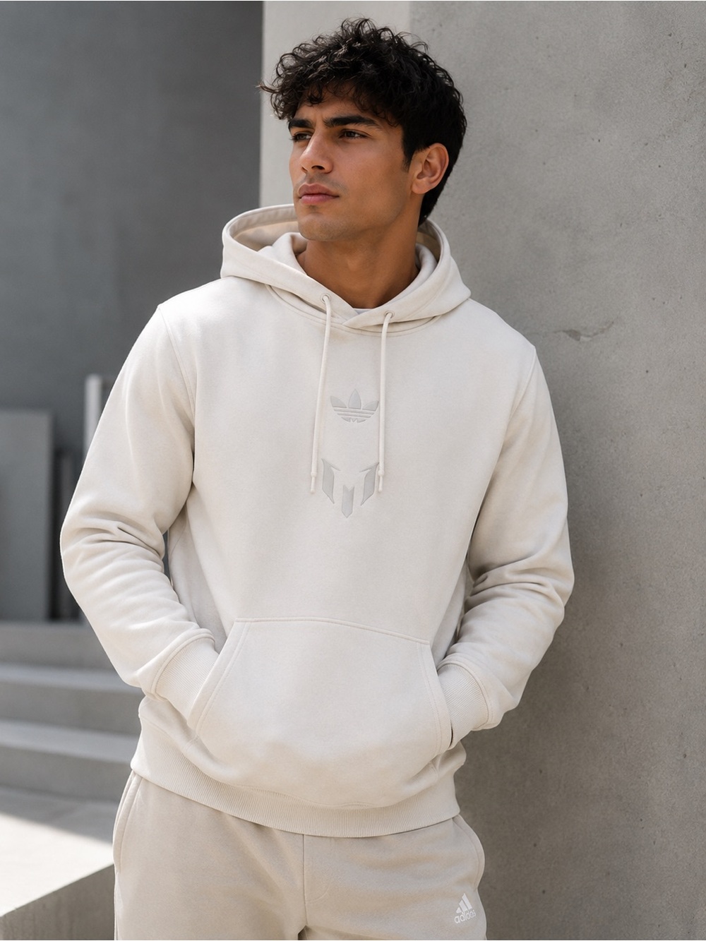 adidas Men's Cream Hooded Pullover Sweatshirt